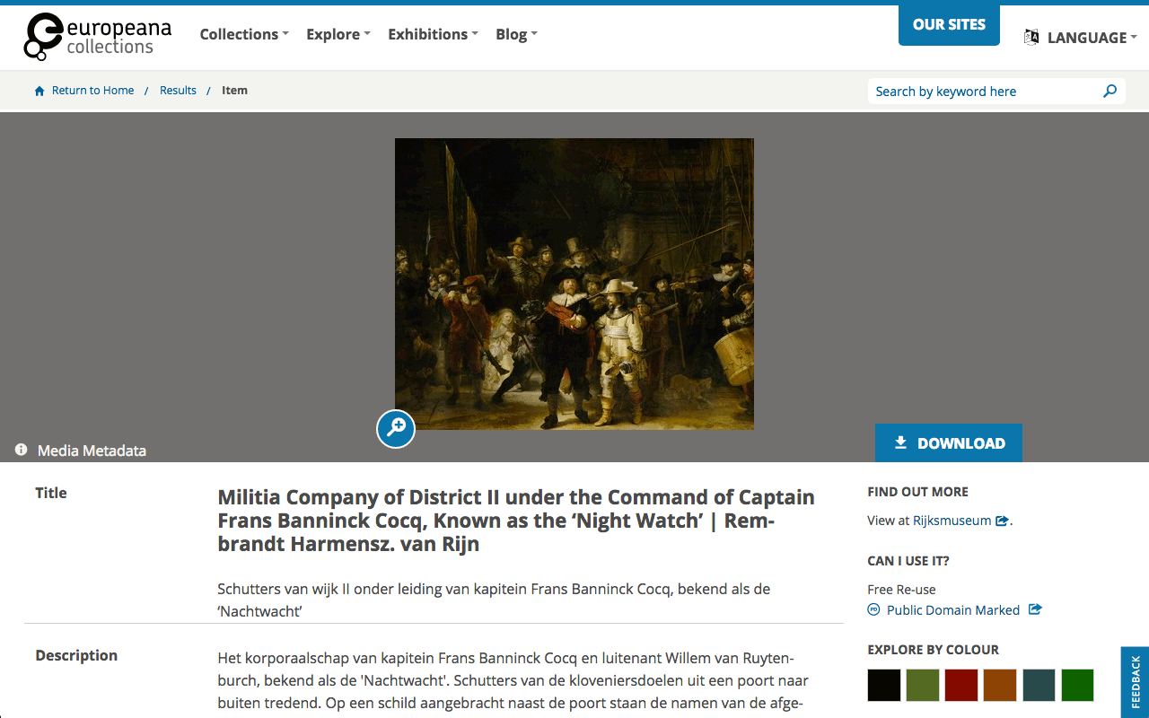 [screenshot of “The Night Watch” on the Europeana website]