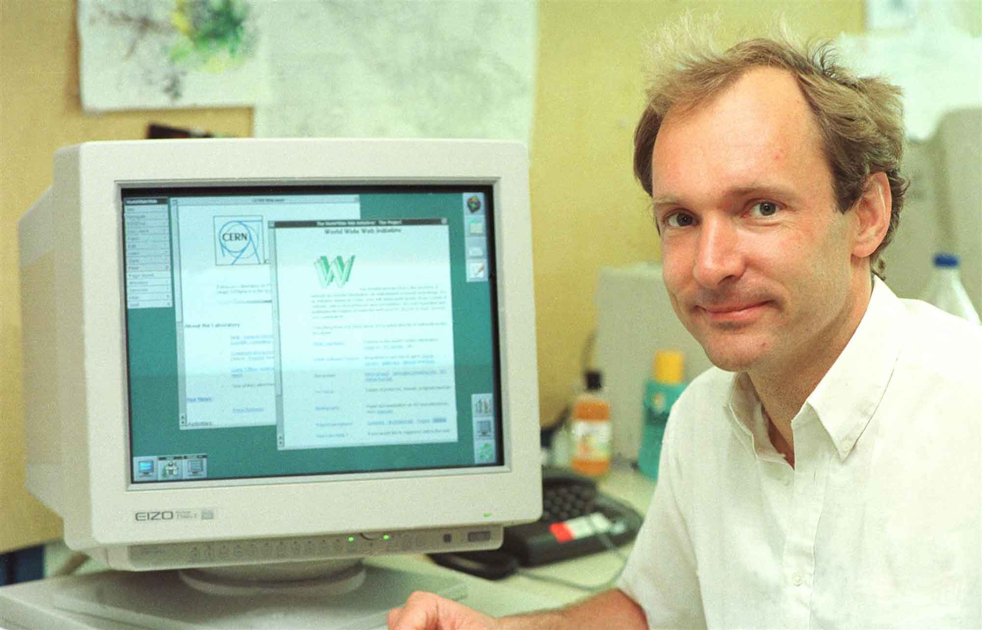 [Tim Berners-Lee at his desk in CERN, 1994]